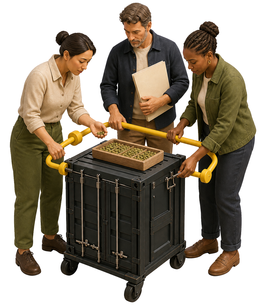 Three colleagues inspecting a coffee sample together beside a shipping container, representing the people who stay close to each order.