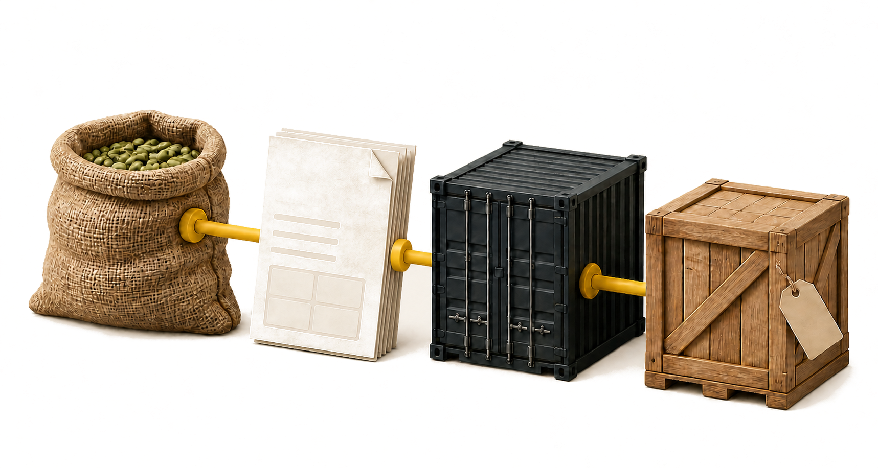 Ilustracja 3D otwartego kontenera transportowego z workami kawy, tacą próbek i dokumentami wysyłkowymi, pokazująca całą drogę od źródła do dostawy.