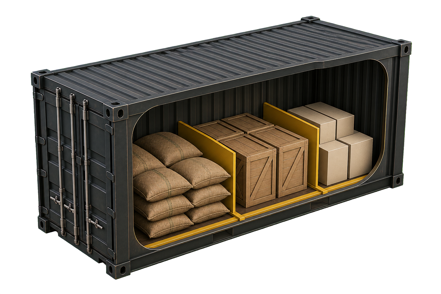 Ilustracja 3D przekroju wspólnego kontenera transportowego, pokazująca, jak można łączyć kilka zamówień.